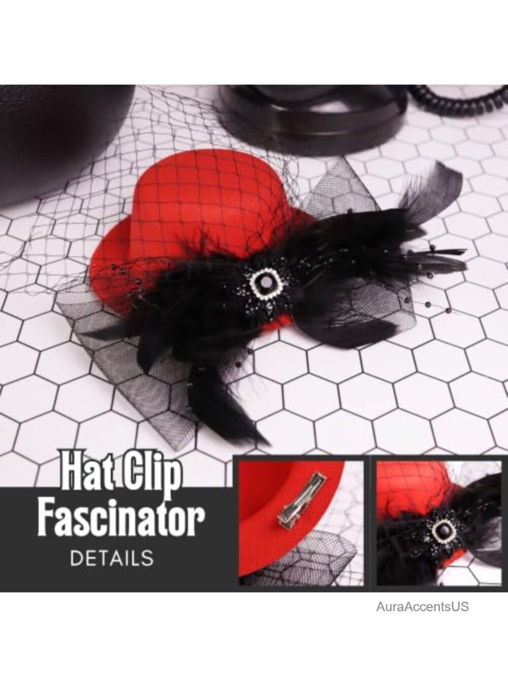 Mini Top Hat Fascinator Hair Clip Feathers Fishnet One Size - Picture 3 of 6